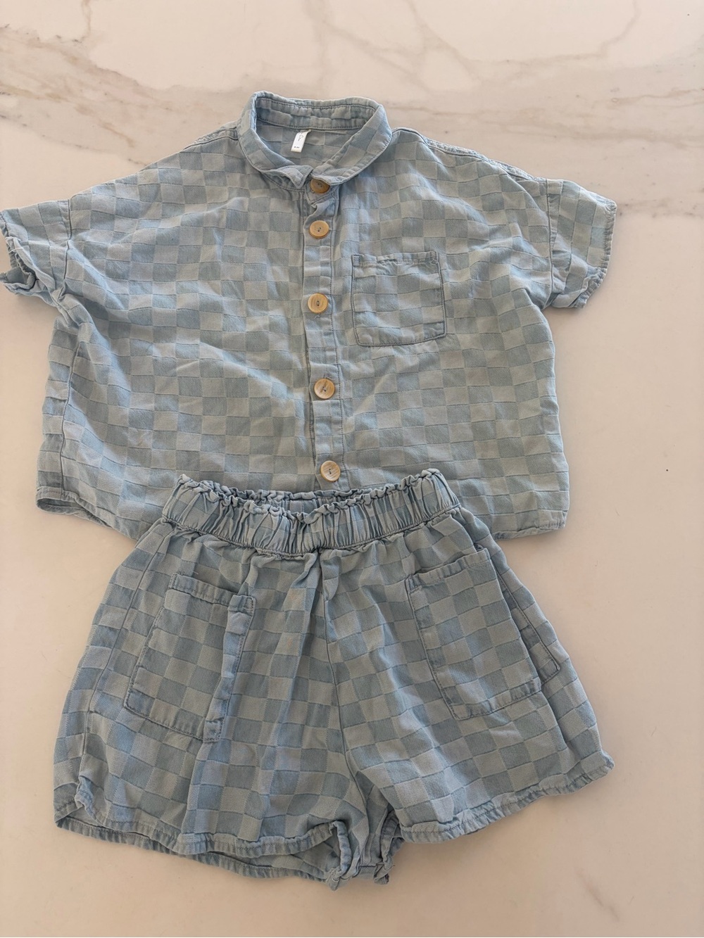 Rylee + Cru Light Blue Checkered Kids Shorts Set